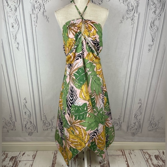 Bohemian Backless Halter Tropical Print Asymmetrical Hem Midi Summer Sundress - Picture 5 of 9